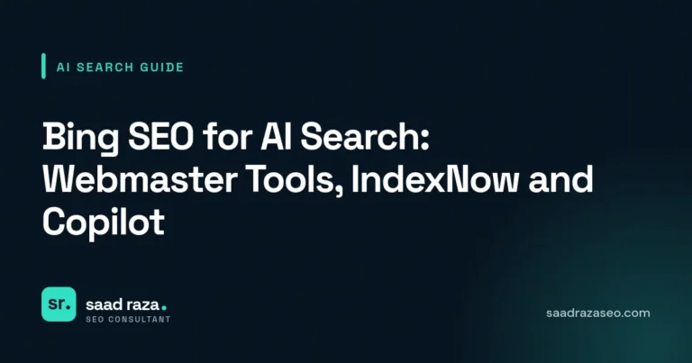 Cover graphic for the AI search guide "Bing SEO for AI Search: Webmaster Tools, IndexNow and Copilot" by Saad Raza SEO