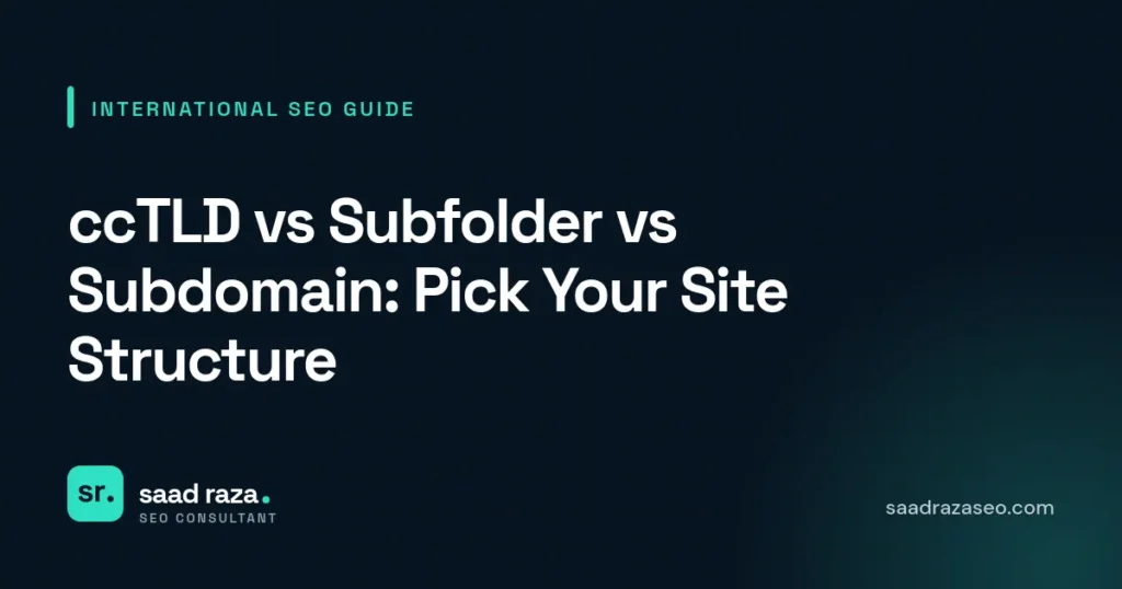 Cover graphic for the international SEO guide "ccTLD vs Subfolder vs Subdomain: Pick Your Site Structure" by Saad Raza SEO