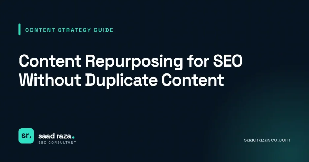 Cover graphic for the content strategy guide "Content Repurposing for SEO Without Duplicate Content" by Saad Raza SEO