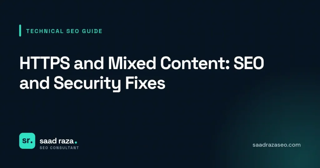 Cover graphic for the technical SEO guide "HTTPS and Mixed Content: SEO and Security Fixes" by Saad Raza SEO