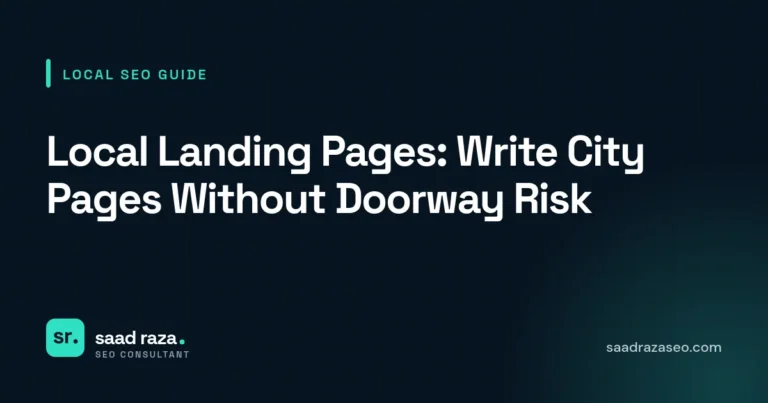Cover graphic for the local SEO guide "Local Landing Pages: Write City Pages Without Doorway Risk" by Saad Raza SEO